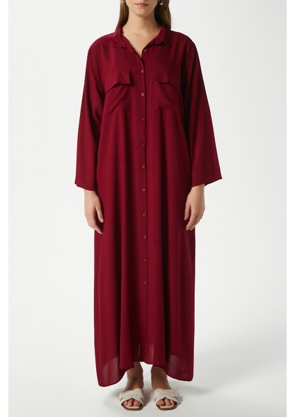 Prive Kadın Plain Bordo %100 Viskon Maksi Boy Cepli Yazlık Uzun Elbise modelleri