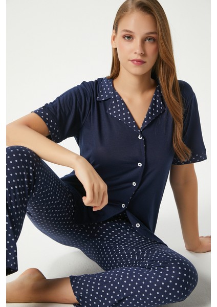Kadın Jolie Viskon Puantiyeli Ön Düğmeli Kısa Kol Lacivert Alt Üst Pijama Takımı