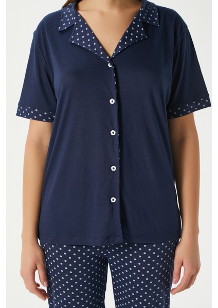 Kadın Jolie Viskon Puantiyeli Ön Düğmeli Kısa Kol Lacivert Alt Üst Pijama Takımı indirimleri