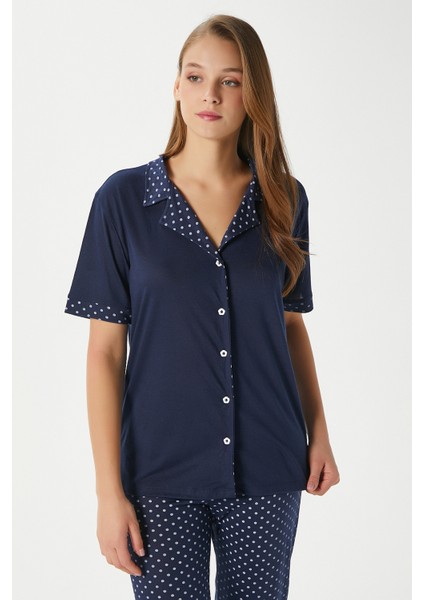 Kadın Jolie Viskon Puantiyeli Ön Düğmeli Kısa Kol Lacivert Alt Üst Pijama Takımı