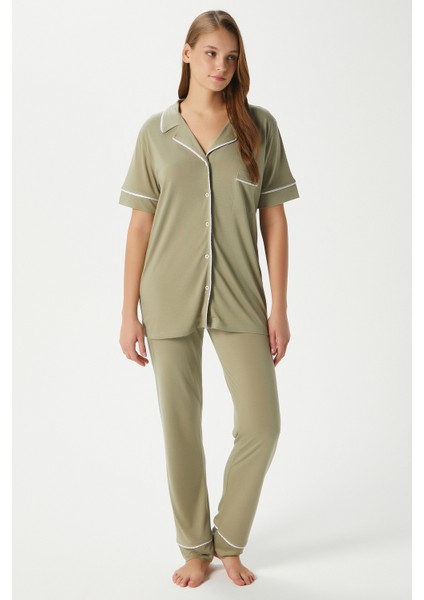 Kadın Vanessa Viskon Ön Düğmeli Kısa Kol Biyeli Haki Alt Üst Pijama Takımı modelleri