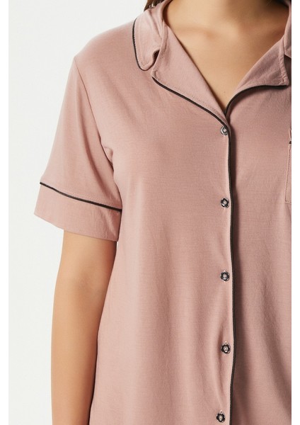 Kadın Vanessa Viskon Ön Düğmeli Kısa Kol Biyeli Pudra Alt Üst Pijama Takımı modelleri