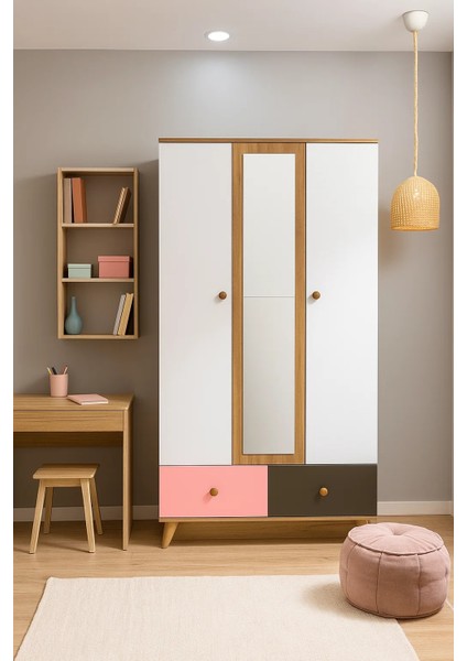 Hera Genç Odası Gardırop 3 Kapaklı Gardırop -Pembe