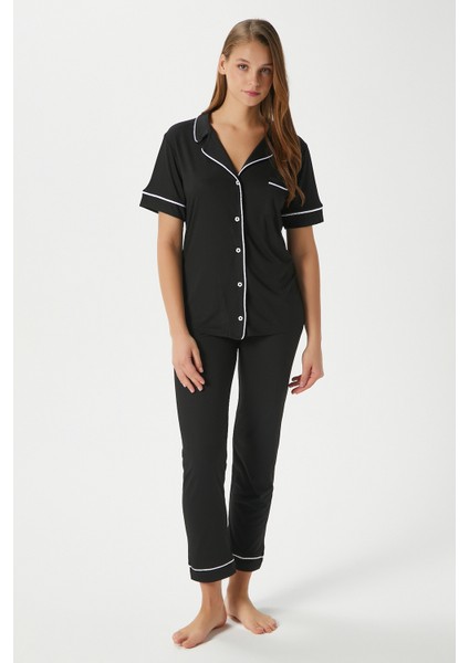 Kadın Vanessa Viskon Ön Düğmeli Kısa Kol Biyeli Siyah Alt Üst Pijama Takımı