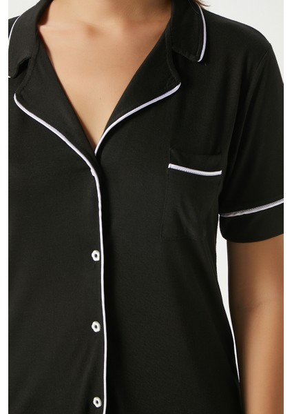 Kadın Vanessa Viskon Ön Düğmeli Kısa Kol Biyeli Siyah Alt Üst Pijama Takımı modelleri