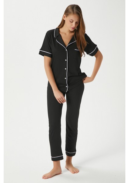 Kadın Vanessa Viskon Ön Düğmeli Kısa Kol Biyeli Siyah Alt Üst Pijama Takımı indirimleri