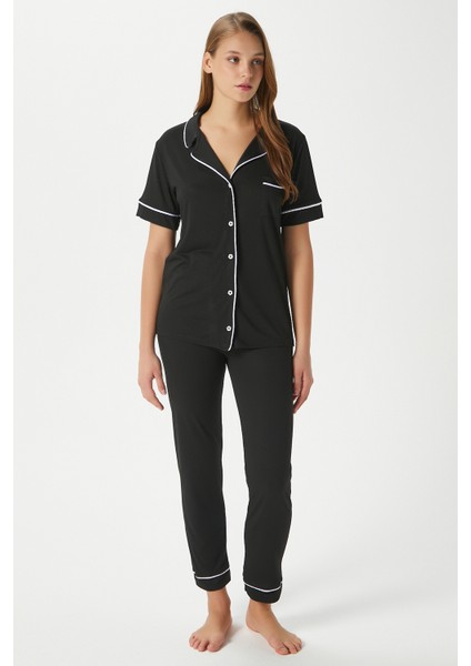 Kadın Vanessa Viskon Ön Düğmeli Kısa Kol Biyeli Siyah Alt Üst Pijama Takımı