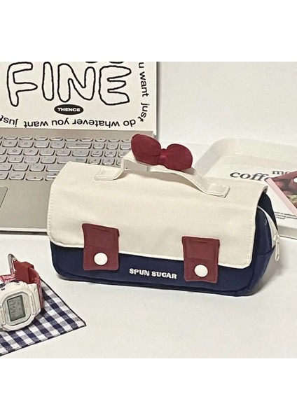 Yeni Tuval Sevimli Işlemeli Çanta Bowknot Kare Şekil Kozmetik Çantası Güzel Baskı Kalem Kutusu Renk: 09 Lacivert (Yurt Dışından)