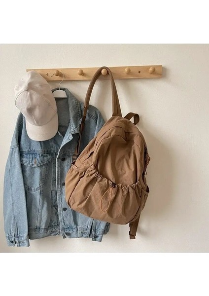 Sıradan Sırt Çantası Kadınlar Büyük Kapasite Moda Ortaokul Öğrencisi Pleat Okul Çantası Bez Çanta Kore Seyahat Sırt Çantası Renk: Haki Yok Kolye (Yurt Dışından)