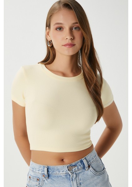 Kadın Deal Lux Touch Yumuşak Doku Crop Tereyağı Sarısı Bluz