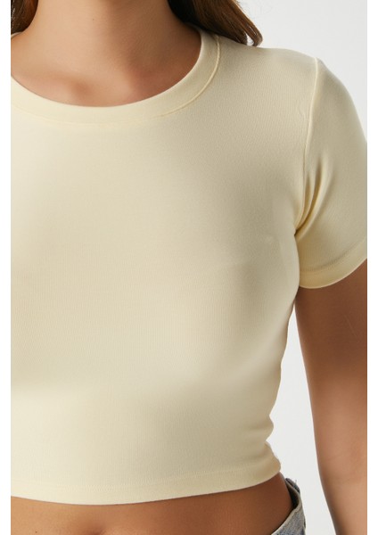 Kadın Deal Lux Touch Yumuşak Doku Crop Tereyağı Sarısı Bluz modelleri