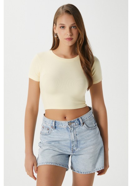Kadın Deal Lux Touch Yumuşak Doku Crop Tereyağı Sarısı Bluz indirimleri