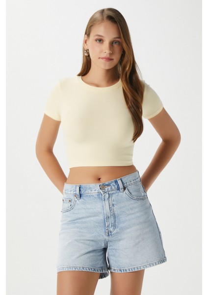 Kadın Deal Lux Touch Yumuşak Doku Crop Tereyağı Sarısı Bluz