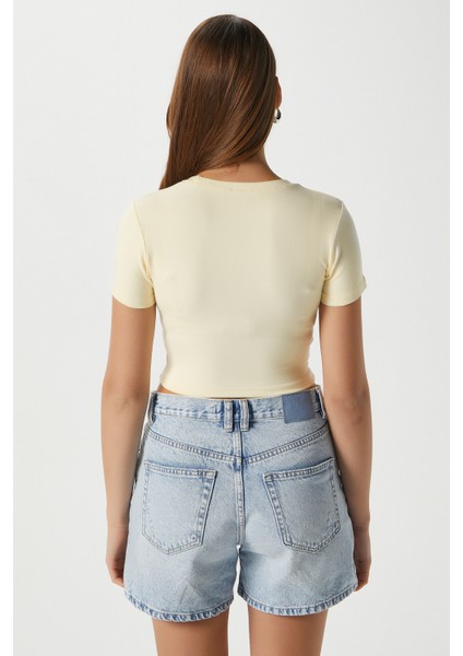 Kadın Deal Lux Touch Yumuşak Doku Crop Tereyağı Sarısı Bluz