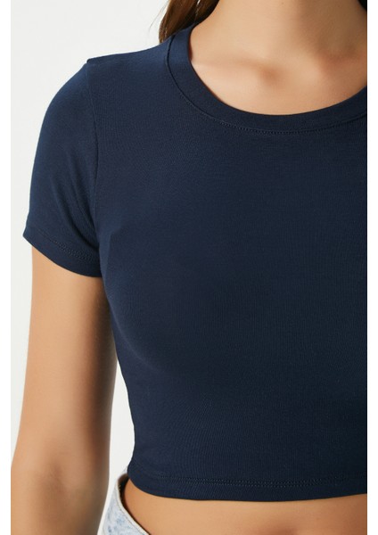 Kadın Deal Lux Touch Yumuşak Doku Crop Lacivert Bluz fırsatları