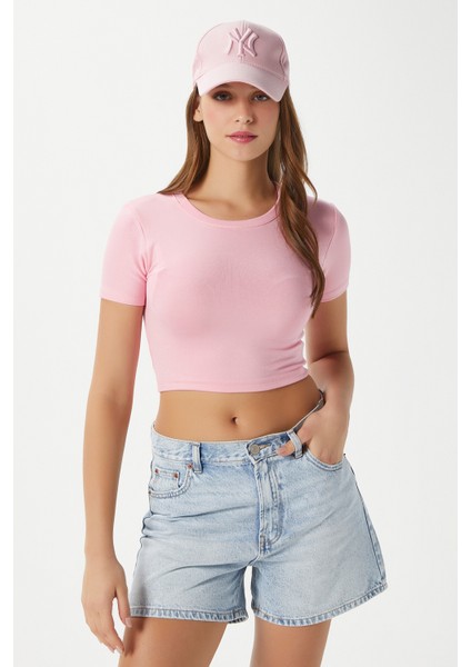 Kadın Deal Lux Touch Yumuşak Doku Crop Pembe Bluz