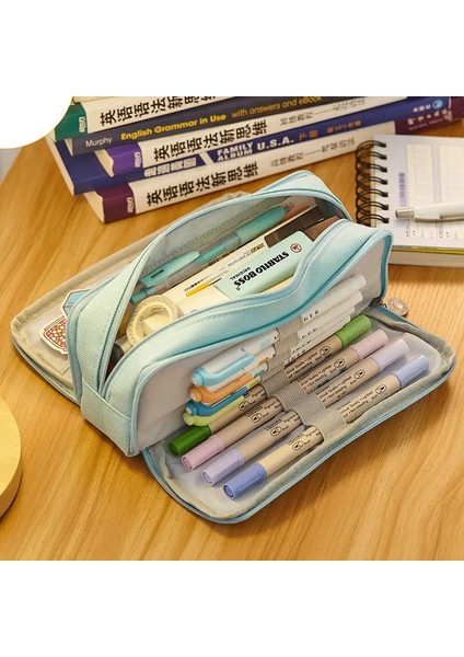 Angoo Sevimli Kalem Çanta Tuval Kızlar Için Tuval Makarna Kalem Kutusu Çok Katmanlı Okul Torbası Kawaii Pensil Kılıf Kalem Çantası Depolama Kırtasiye Renk: Gök Mavisi (Yurt Dışından)