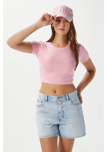 Kadın Deal Lux Touch Yumuşak Doku Crop Pembe Bluz modelleri