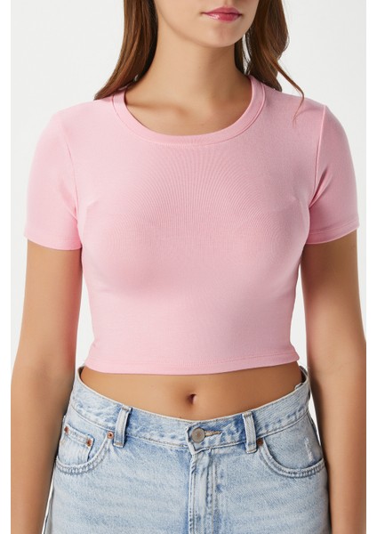 Kadın Deal Lux Touch Yumuşak Doku Crop Pembe Bluz
