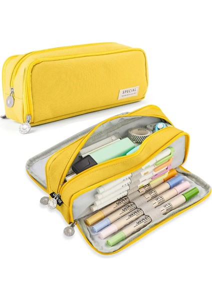 Büyük Kapasiteli Kalem Kılıfı 3 Bölme Torbası Kalem Depolama Çantası Çift Taraflı Açılış Öğrenci Kırtasiye Organizatör Okul Malzemeleri Renk: Sarı (Yurt Dışından)