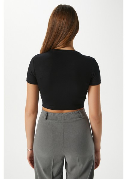 Kadın Deal Lux Touch Yumuşak Doku Crop Siyah Bluz