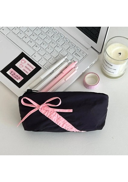 Yeni Tuval Sevimli Işlemeli Çanta Bowknot Kare Şekil Kozmetik Çantası Güzel Baskı Kalem Kutusu Renk: 05 Siyah (Yurt Dışından)