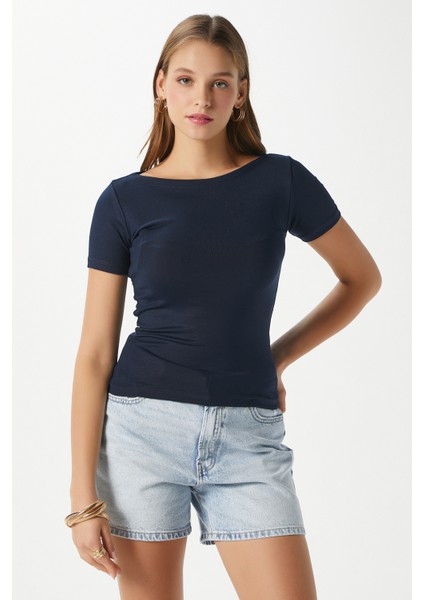 Kadın Velvet Kayık Yaka Lux Touch Yumuşak Doku Kısa Kol Lacivert Bluz modelleri