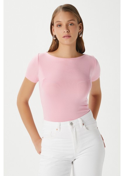 Kadın Velvet Kayık Yaka Lux Touch Yumuşak Doku Kısa Kol Pembe Bluz fiyatları