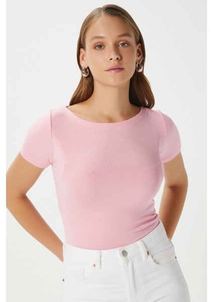 Kadın Velvet Kayık Yaka Lux Touch Yumuşak Doku Kısa Kol Pembe Bluz modelleri