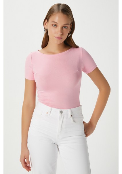 Kadın Velvet Kayık Yaka Lux Touch Yumuşak Doku Kısa Kol Pembe Bluz