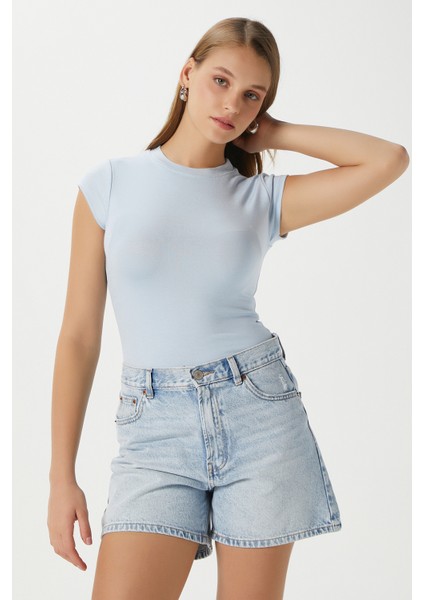 Kadın Inner Lux Touch Yumuşak Doku Bisiklet Yaka Kısa Kol Mavi Bluz modelleri