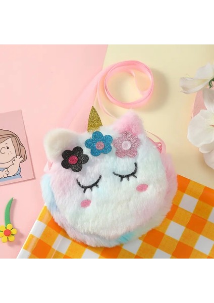 Çocuklar Çapraz Beden Çantası Peluş Unicorn Karikatür Para Çantası Sevimli Kız Çiçek Çapraz Beden Çantası Taşınabilir Yüz Omuz Çantası Renk: Renkli (Yurt Dışından)