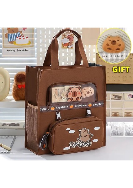 Kawaii Capya Ders Çantası, Ilkokul Öğrenci Tuval Depolama Dosya Çantası, Karikatür Baskı Büyük Kapasiteli Bagcolor: Dark Coffee B (Yurt Dışından)