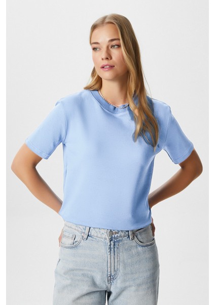 Kadın Rise Dekoratif Yaka Tok Doku %100 Pamuk Açık Mavi T-Shirt
