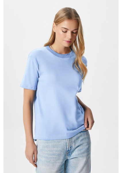 Kadın Rise Dekoratif Yaka Tok Doku %100 Pamuk Açık Mavi T-Shirt fiyatları