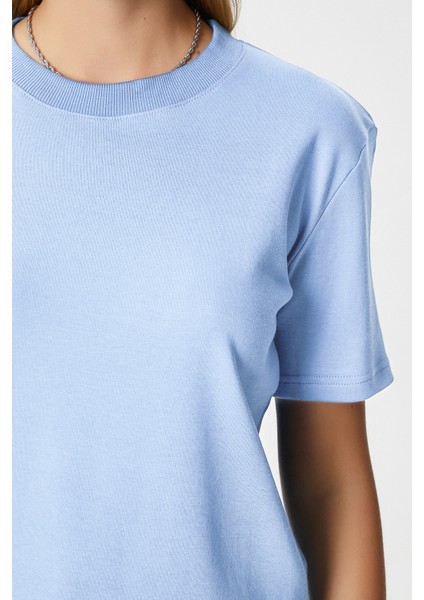 Kadın Rise Dekoratif Yaka Tok Doku %100 Pamuk Açık Mavi T-Shirt modelleri