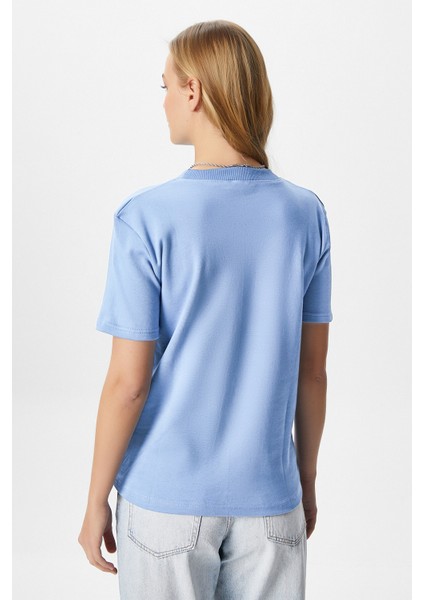 Kadın Rise Dekoratif Yaka Tok Doku %100 Pamuk Açık Mavi T-Shirt fırsatları