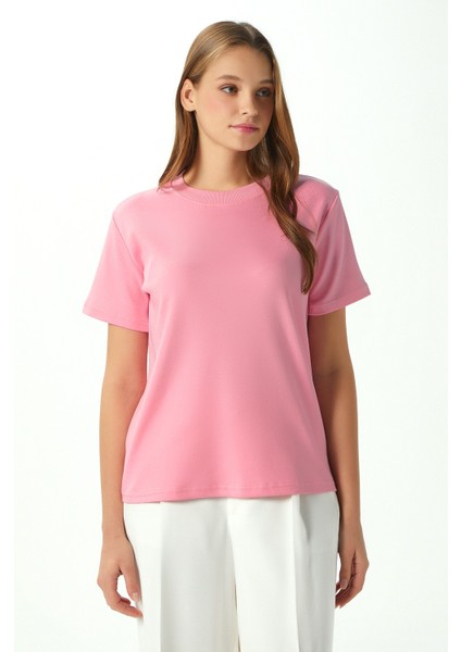 Kadın Rise Dekoratif Yaka Tok Doku %100 Pamuk Pembe T-Shirt fiyatları