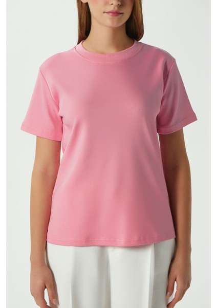 Kadın Rise Dekoratif Yaka Tok Doku %100 Pamuk Pembe T-Shirt modelleri