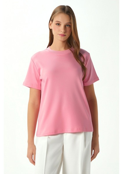 Kadın Rise Dekoratif Yaka Tok Doku %100 Pamuk Pembe T-Shirt fırsatları