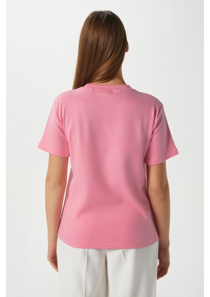 Kadın Rise Dekoratif Yaka Tok Doku %100 Pamuk Pembe T-Shirt indirimleri