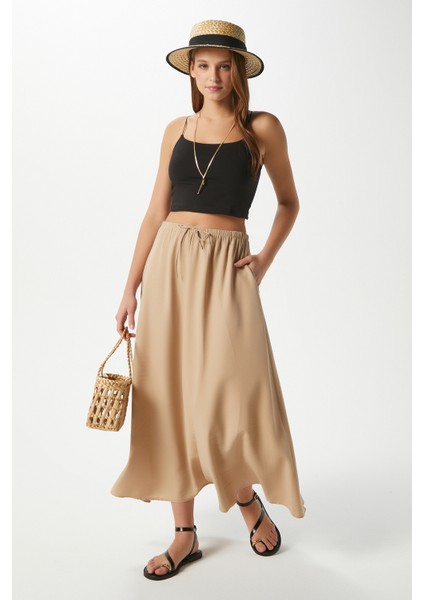 Kadın Trend Modal Serin Kumaş Bej Bel Lastikli Cepli Rahat Kalıp Uzun Etek fiyatları