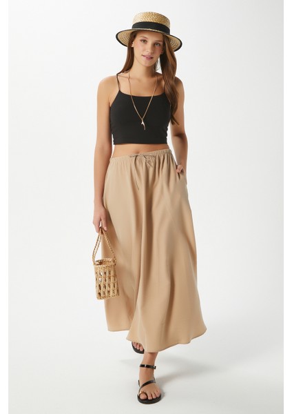 Kadın Trend Modal Serin Kumaş Bej Bel Lastikli Cepli Rahat Kalıp Uzun Etek modelleri