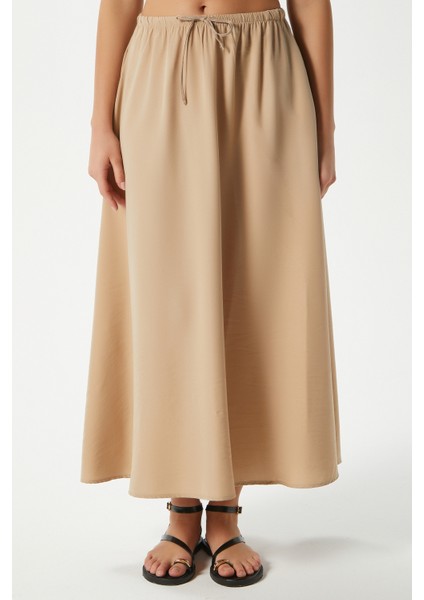 Kadın Trend Modal Serin Kumaş Bej Bel Lastikli Cepli Rahat Kalıp Uzun Etek fırsatları