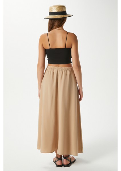Kadın Trend Modal Serin Kumaş Bej Bel Lastikli Cepli Rahat Kalıp Uzun Etek indirimleri