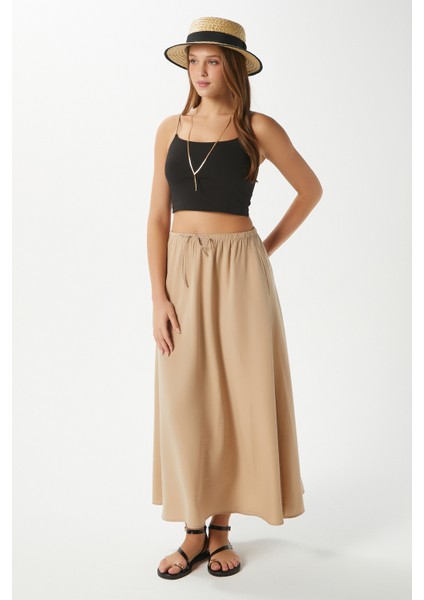 Kadın Trend Modal Serin Kumaş Bej Bel Lastikli Cepli Rahat Kalıp Uzun Etek