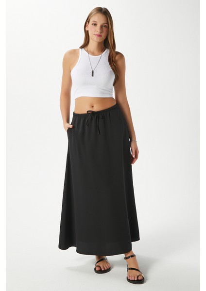 Kadın Trend Modal Serin Kumaş Siyah Bel Lastikli Cepli Rahat Kalıp Uzun Etek