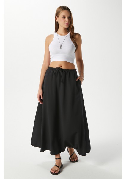 Kadın Trend Modal Serin Kumaş Siyah Bel Lastikli Cepli Rahat Kalıp Uzun Etek fiyatları