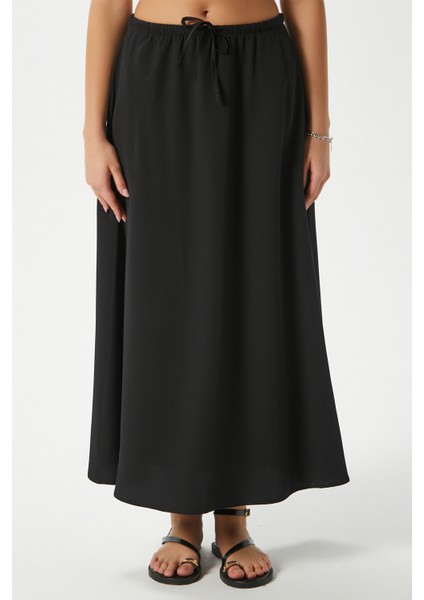 Kadın Trend Modal Serin Kumaş Siyah Bel Lastikli Cepli Rahat Kalıp Uzun Etek modelleri