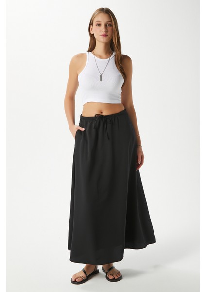 Kadın Trend Modal Serin Kumaş Siyah Bel Lastikli Cepli Rahat Kalıp Uzun Etek indirimleri